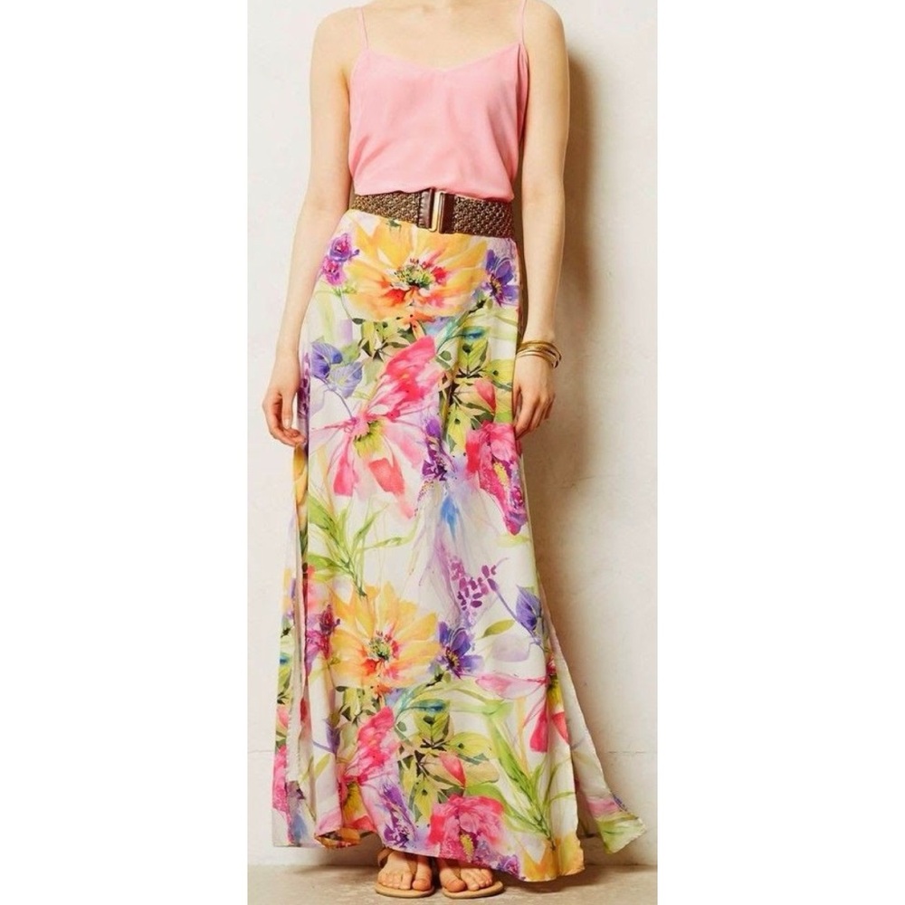 Yumi Kim Silk Floral Maxi Skirt in Cream with Pink, Yellow & Purple flowers L